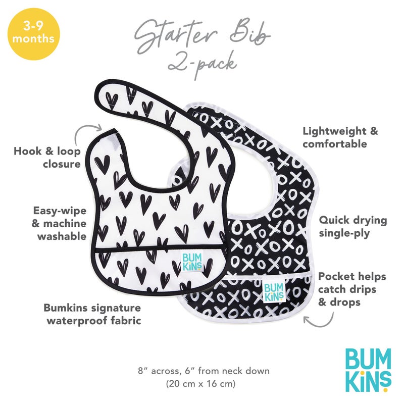 Bumkins Bibs, for Baby Girl or Boy, Infant 3-9 Months, Essential Must Have for Eating, Feeding, Baby Led Weaning, Mess Saving Waterproof Soft Fabric, Starter Bib 2-pk Hearts, XOXO Black and White - Image 5
